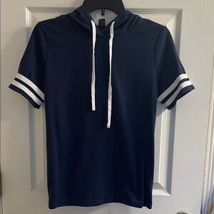 SHEIN Pullover Hoodie Cute Hooded T Shirt Sporty Tee Stripe Sleeves Navy White